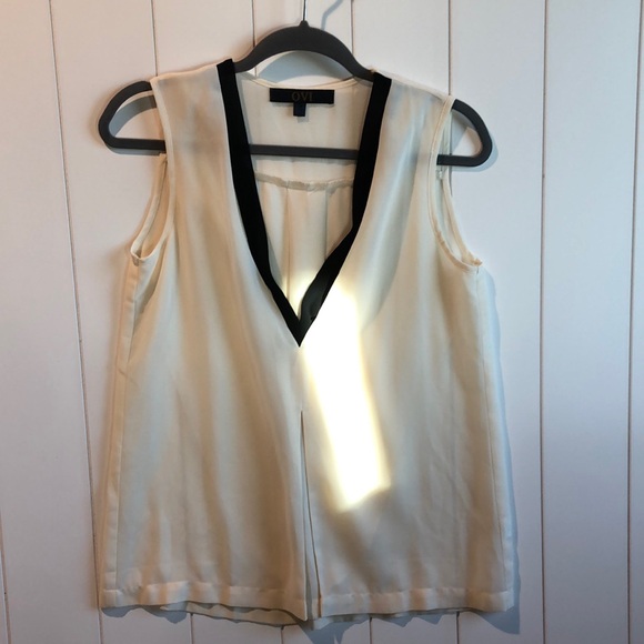 OVI sleeveless v neck crepe blouse black stripe floats from neckline sheer back - Picture 1 of 10